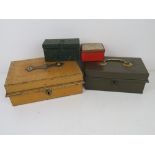 Two vintage cash boxes together with a small green painted cash box and a vintage wood lined box.