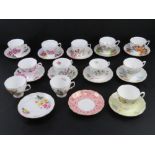 Ten tea cup and saucer duos inc Colclough and Royal Vale. Together with two odd cups and saucers.