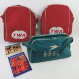 Two TWA airline flight bags. Together with a BOAC canvas type flight bag having menu and Welcome