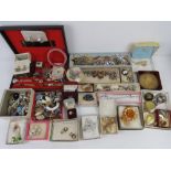 A quantity of assorted costume jewellery inc seahorse brooch, fine bone China brooches, tie clips,