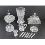 A fine quality lead crystal glass vase together with a set of six glass knife rests, a glass