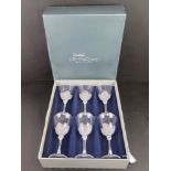 J G Durand; a boxed set of six crystal wine glasses having frosted floral design, Florence satine