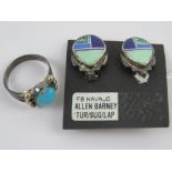 A pair of Native American Navaho silver clip on earrings by Allen Barney set with turquoise and
