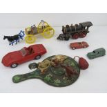 A quantity of vintage toys inc cast iron model train, Corgi Corvette model car,