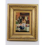 Oil on board of city scene with women sat on steps, within good gilded wooden frame, 42.