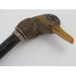 An ebonised walking cane having well carved duck's head handle with white metal fittings all