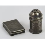 An HM silver miniature pepperette together with a continental silver (900 grade) stamp box opening