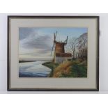 Pastel, derelict windmill by the broads titled 'Stirring Breeze Oby Mill Norfolk', signed lower