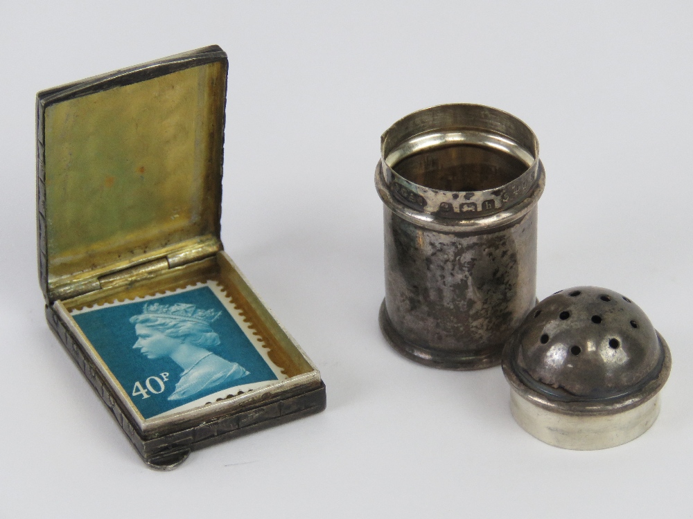 An HM silver miniature pepperette together with a continental silver (900 grade) stamp box opening - Image 2 of 5