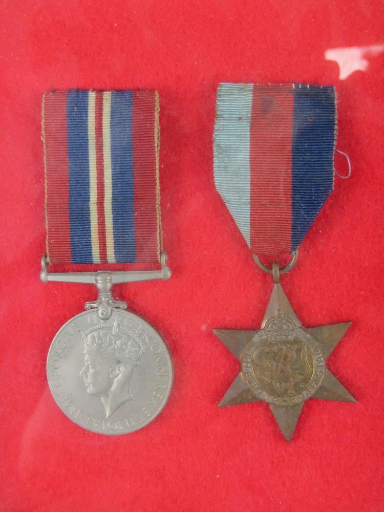 WWII Medals in framed box; 1939-1945 Star with original ribbon, War Medal with original ribbon. - Image 2 of 4
