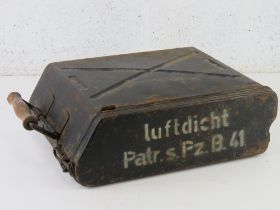 A WWII German Airtight Cartridge Case Patr.s.Pz B.41, to hold 12 Cartridges, one hinge a/f, ' J.D.