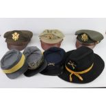 Seven assorted caps. Three US Army Visor caps, and four reproduction civil war hats.