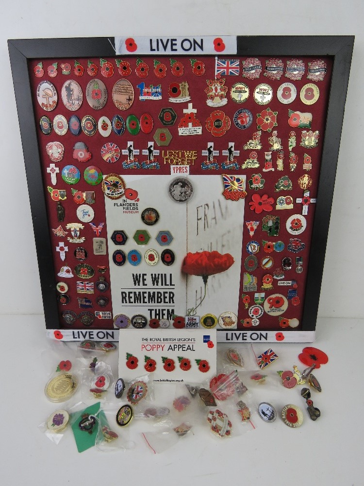 A collection of remembrance pins, approx 130 on board. Some rare pins noted.