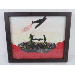 A WWII themed mixed media painting including applied red remembrance poppies, framed.