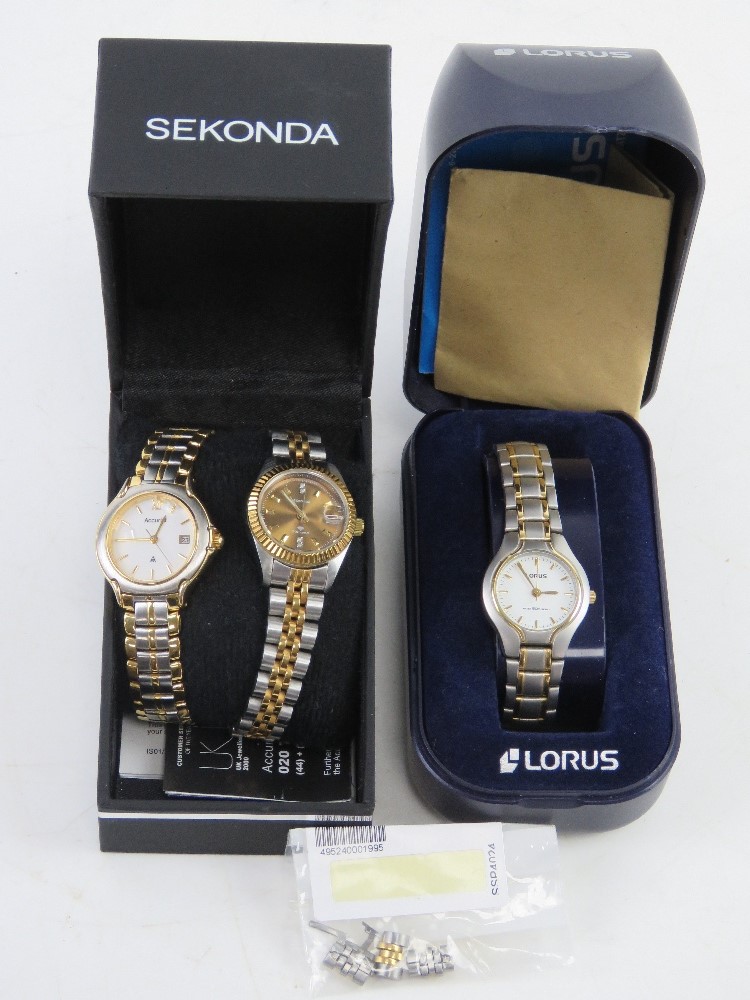 Two stainless steel ladies wristwatches in presentation boxes being Sekonda and Lorus.