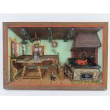 A Swiss musical movement diorama of a kitchen with floral decorated pew type bench and fireplace.