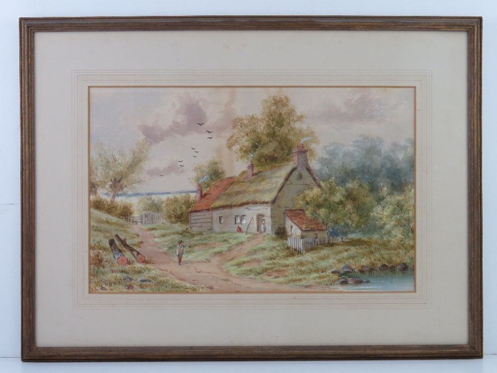 Watercolour; study of a thatched cottage, pond beside trees beyond etc, late 19th century,