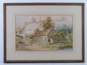 Watercolour; study of a thatched cottage, pond beside trees beyond etc, late 19th century,