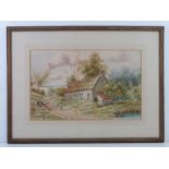 Watercolour; study of a thatched cottage, pond beside trees beyond etc, late 19th century,