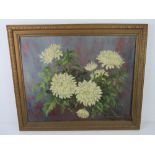 Acrylic on canvas of chrysanthemums, signed lower right Florence Fieldmouse,