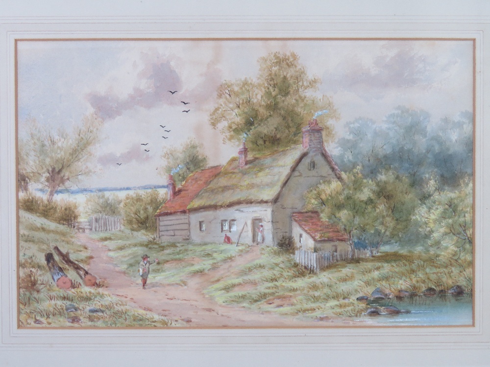 Watercolour; study of a thatched cottage, pond beside trees beyond etc, late 19th century, - Image 2 of 4