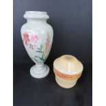 A handpainted glass vase together with a retro glass lampshade. Two items.