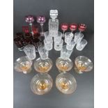 A quantity of assorted glassware including amethyst coloured hock glasses,