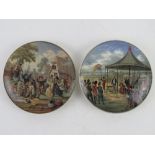 Two Pratt style ceramic pot lids 'Wimbledon July 2nd 1960' and 'The Village Wedding Teniers Pink',