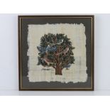 A framed and mounted study of an illuminated tree with birds upon, all painted on papyrus,