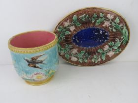 A Majolica planter pot decorated with swallows and bull rushes measuring approx 18.