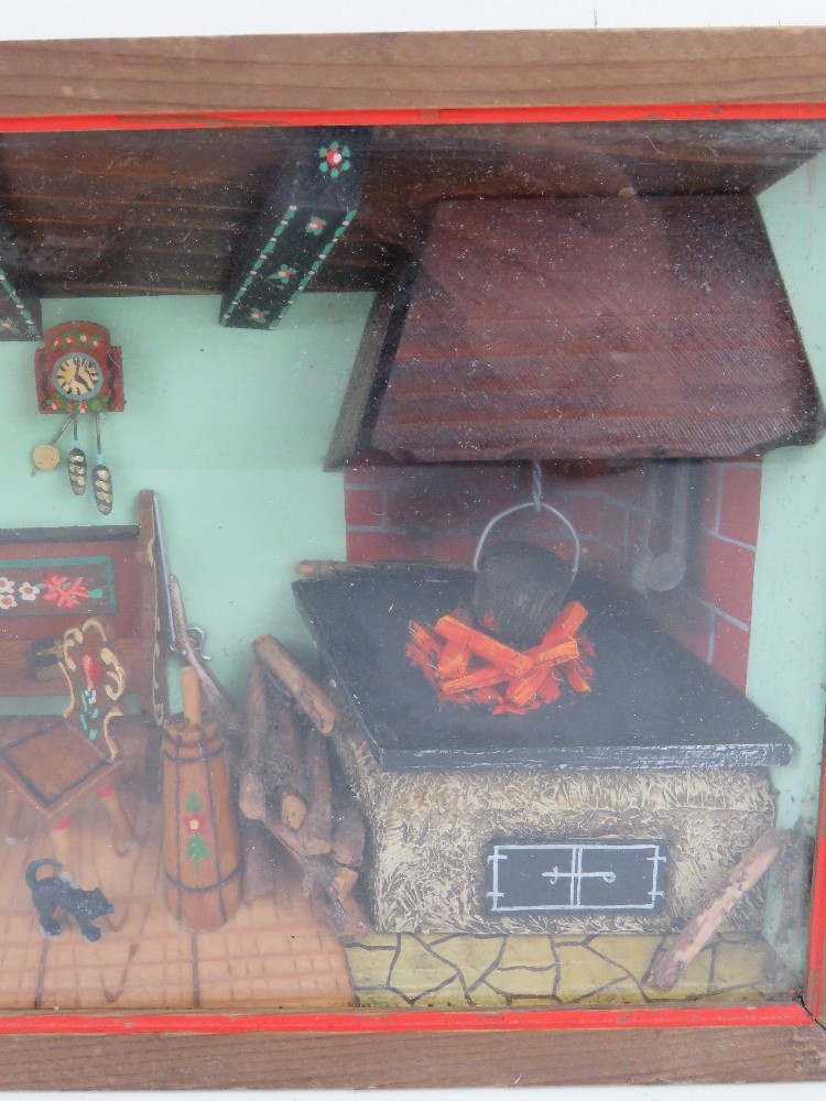 A Swiss musical movement diorama of a kitchen with floral decorated pew type bench and fireplace. - Image 6 of 6