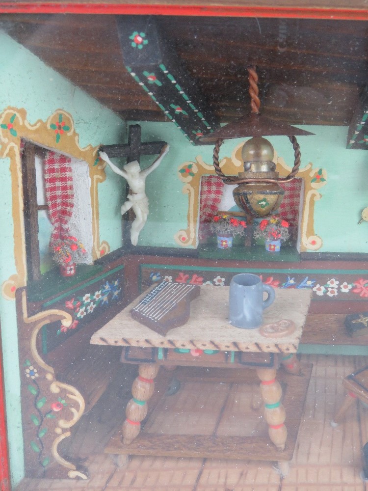 A Swiss musical movement diorama of a kitchen with floral decorated pew type bench and fireplace. - Image 5 of 6