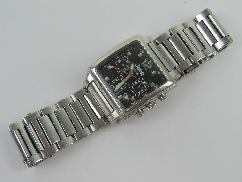 A stainless steel Jeep wristwatch in presentation tin, glass showing signs of use. - Image 2 of 6