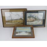 Three watercolours by J G Stevens titled 'Fisherman's Croft', 'Durham' and 'Floods',