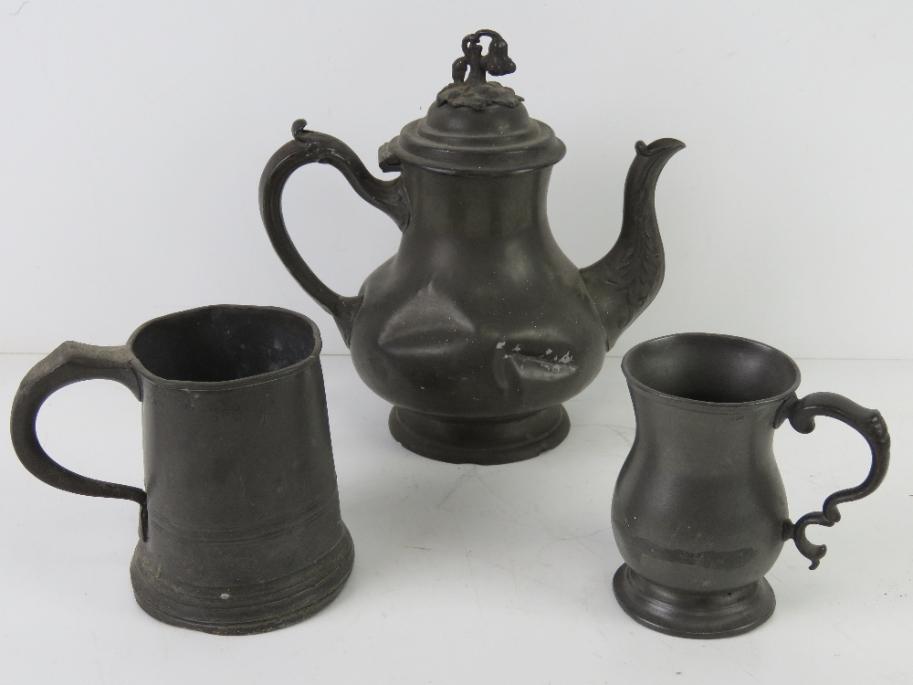 A Pewter teapot and 2 pewter tankards one marked for Yates and Birch with VR cypher and further