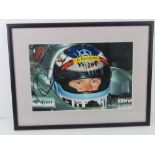 A hand signed photograph of Mika Hakkinen, framed.