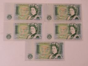 Five One Pound bank notes bearing Elizabeth II with Sir Isaac Newton verso.
