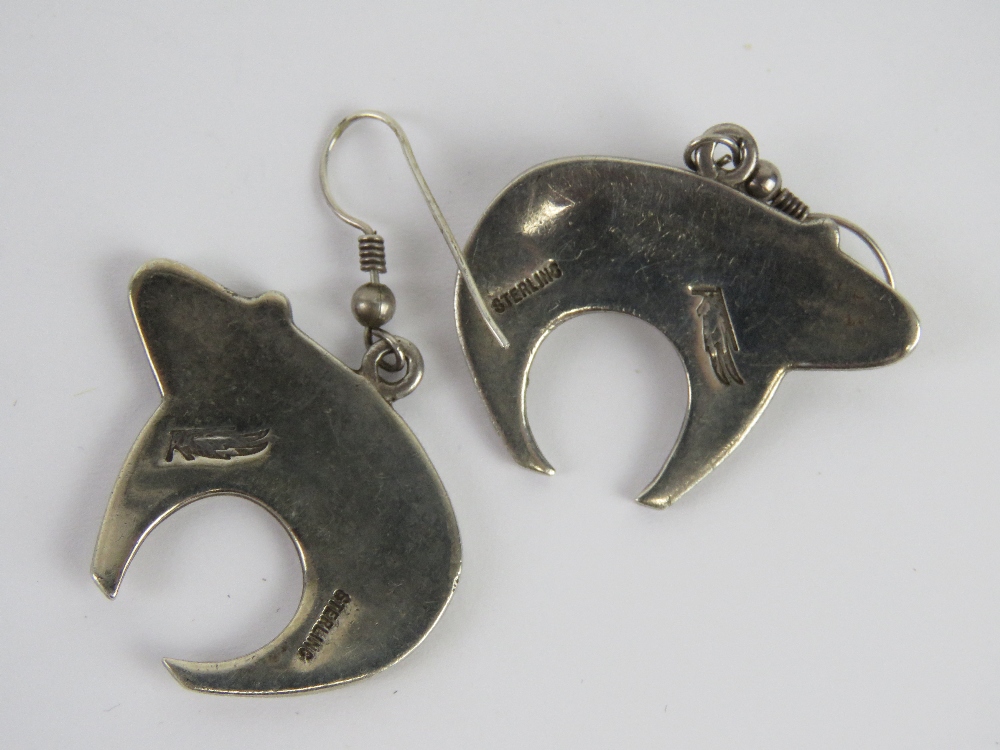A pair of Native American silver earrings in the form of bears, each approx 3. - Image 2 of 3