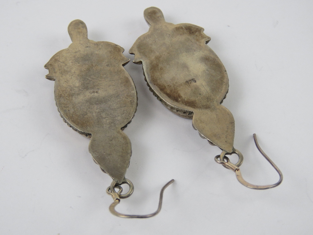 A pair of large silver earrings having central green oval panel and acanthus style decoration, - Image 3 of 3