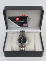 A Swiss Balance stainless steel wristwatch in original presentation box.