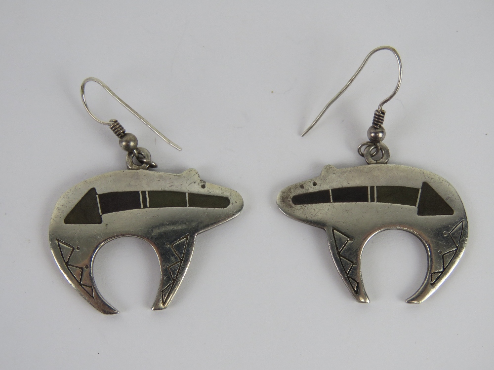 A pair of Native American silver earrings in the form of bears, each approx 3.