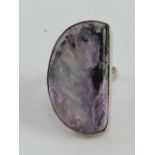 A handmade purple and black hardstone ring, the hemispherical agate approx 13 x 32mm, stamped 925,