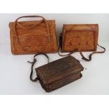 A tooled leather handbag made in Mexico by J L Vale,