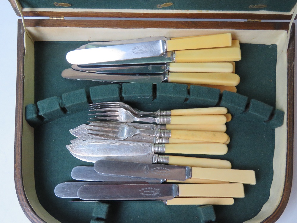 A wooden canteen of assorted stainless steel ivorex handled cutlery inc four fish knives and forks - Image 2 of 3