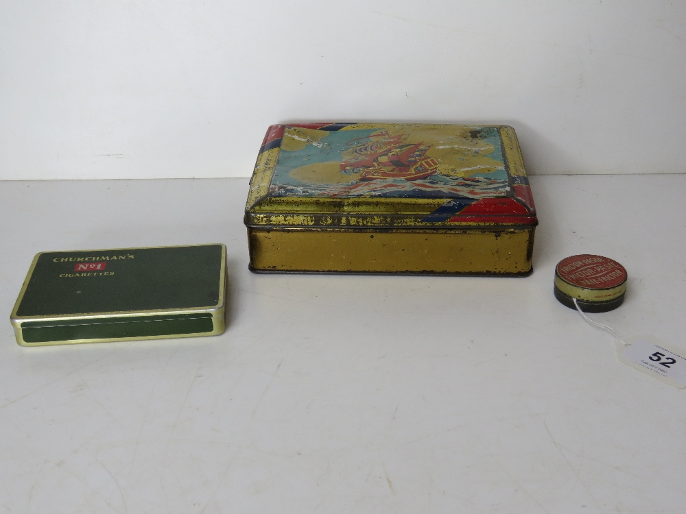 Three vintage tins, one being Churchman's No1 Cigarettes and another for Fricktor-Paste.