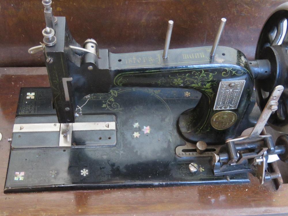 A vintage sewing machine in case Frister & Rossmann Berlin. Inlaid with Mother of Pearl. - Image 2 of 4