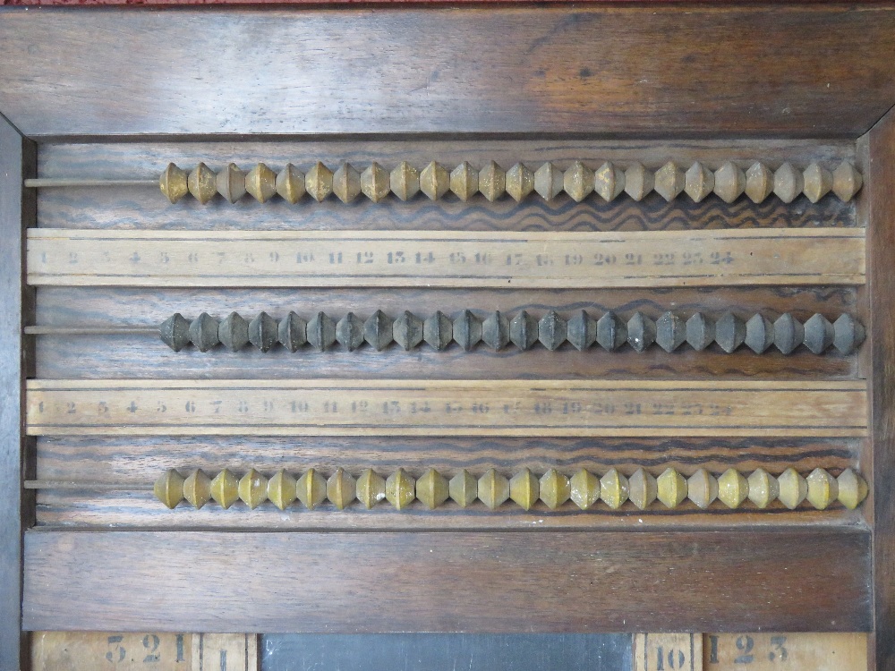 An antique wall hanging snooker or pool scoreboard inc abacus bead counting rails and chalkboard. - Image 2 of 4
