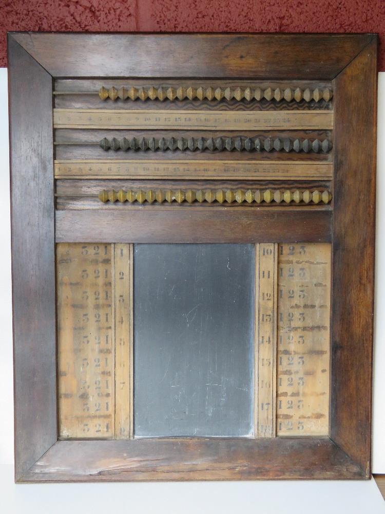 An antique wall hanging snooker or pool scoreboard inc abacus bead counting rails and chalkboard.