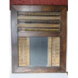 An antique wall hanging snooker or pool scoreboard inc abacus bead counting rails and chalkboard.