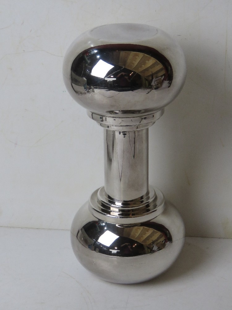 A silver plated Asprey novelty cocktail shaker in the form of a dumbell,